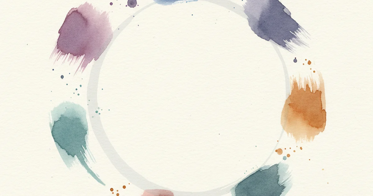 Семь самостоятельных watercolor-мазков разной формы и плотности, расположенных по невидимой окружности на cream-бумаге