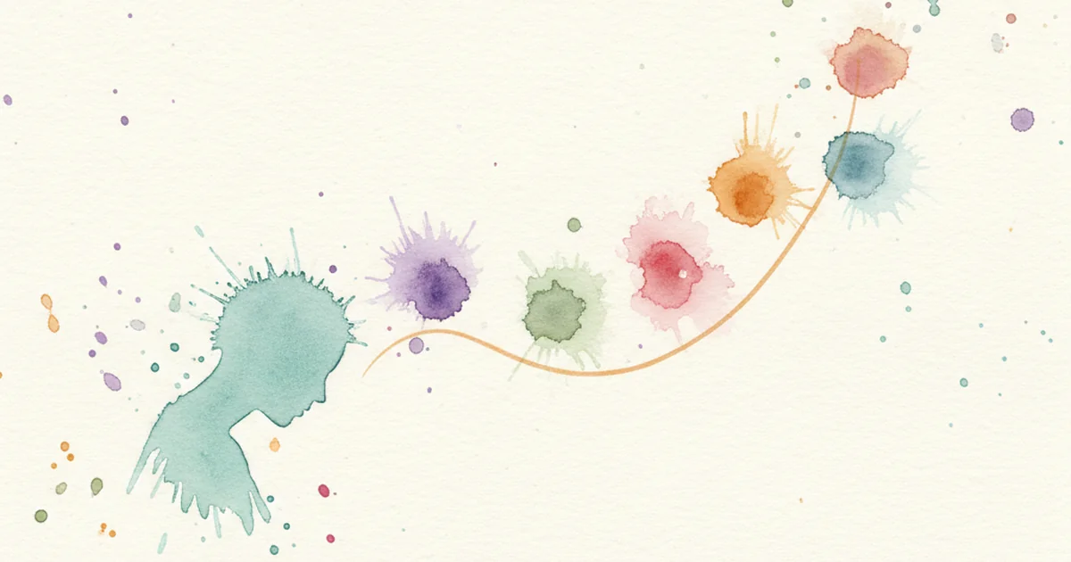 Абстрактный смартфон с четырьмя пульсирующими индикаторами — длина, темп, эмоция, инициатива — на мягком лавандовом фоне