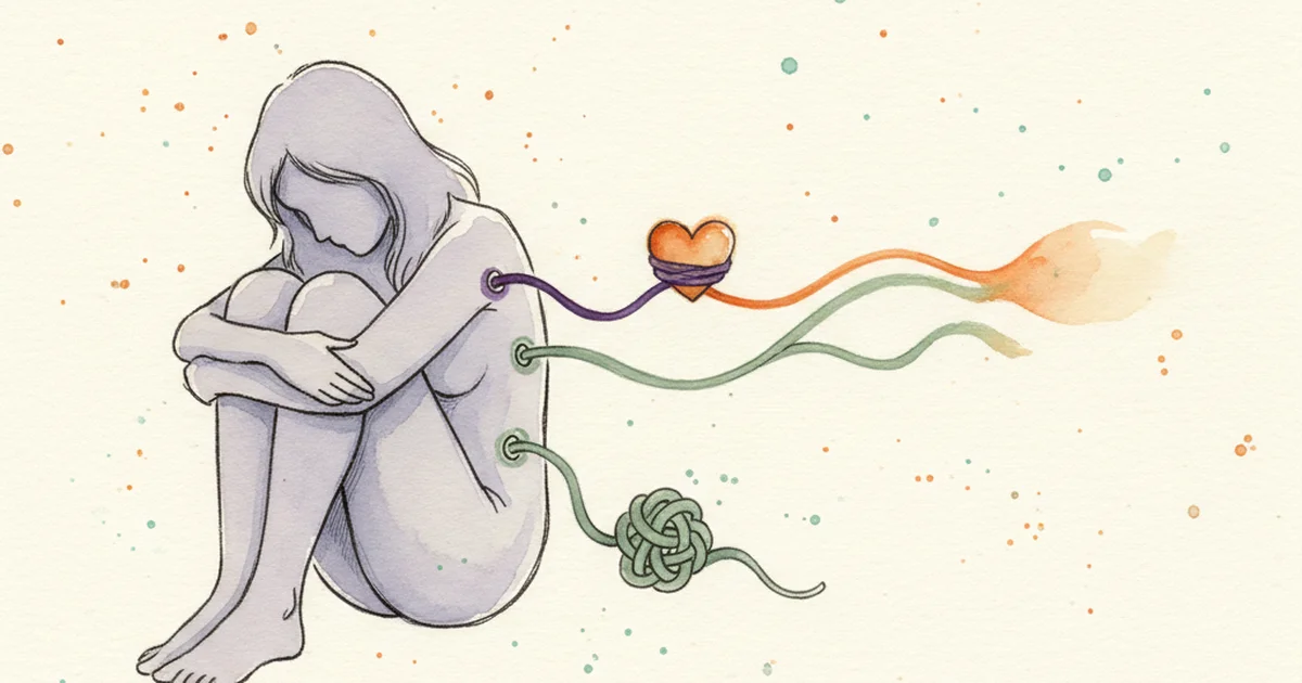 Абстрактная иллюстрация двух силуэтов, связанных нитями света — метафора типов привязанности в отношениях