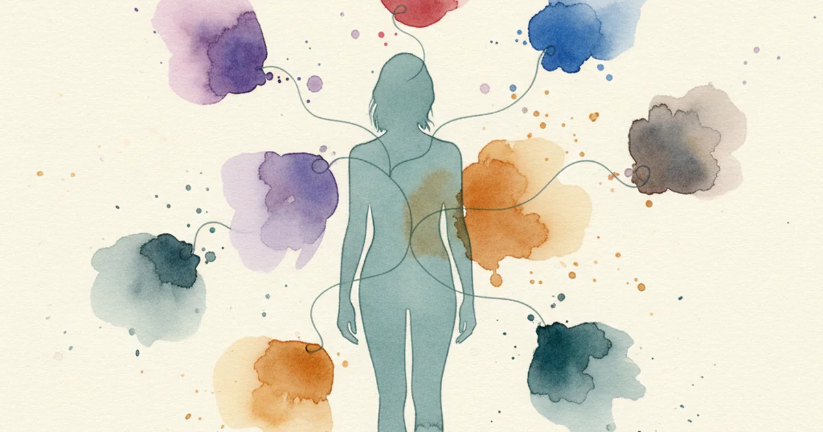 Семь мягких абстрактных фигур разного цвета в сбалансированной композиции — метафора разнообразия типов личности