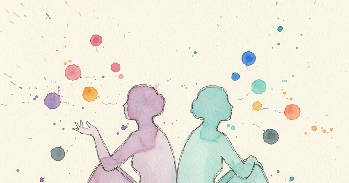 Два силуэта в профиль — фиолетовый и бирюзовый — с семью цветными карточками стилей общения между ними