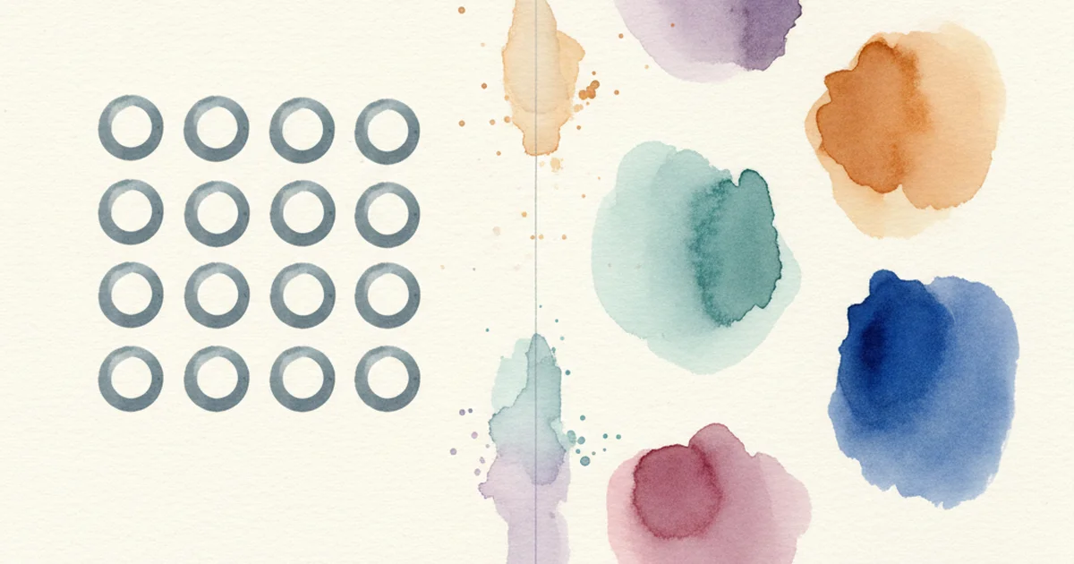 Две watercolor-зоны на cream-бумаге, разделённые тонкой ink-линией: слева — сетка из 16 мелких точек, справа — 7 более крупных органических пятен