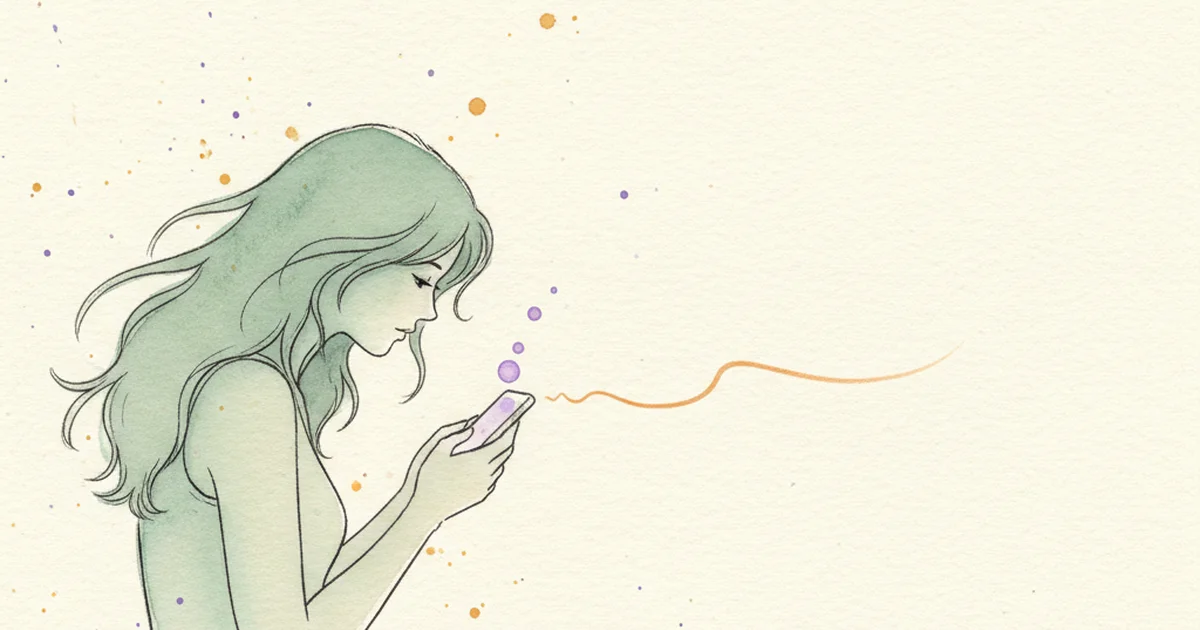 Абстрактный смартфон с паузой в чате, два акварельных силуэта соединены тонкой линией — метафора ожидания ответа